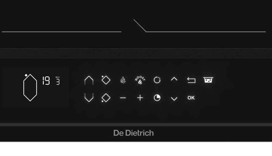 Kontrastní bílý LCD displej varné desky De Dietrich DPI4942B